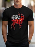 Men's T-Shirt Merry Christmas Red Plaid Patterned Festive Reindeer With Holiday Lights Reindeer