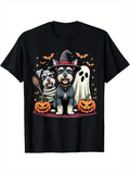 Men's T-Shirt Two Schnauzer Dogs With Halloween Pumpkins And Flying Bats Surrounded By Stars