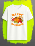 Men's T-Shirt Happy Thanksgiving Vibrant Autumn Leaves Pumpkins Surrounded By Colorful Harvest Vegetables