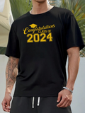 Men's T-Shirt Congratulations Class Of 2024 With Graduation Cap Motif On Black Fabric Shirt