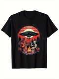 Men's T-Shirt Night Campfire Gathering With Alien Bigfoot And Forest UFO Scene