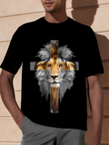 Men's T-Shirt Majestic Golden Lion Face With Bold Painted Cross Under Sunlight Lion