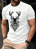 Men's T-Shirt Intricate Baroque Pattern Among Flourishing Leaves Majestic Deer
