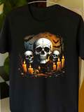 Men's T-Shirt Glowing Halloween Candles Among Shadows And Haunted Human Skulls