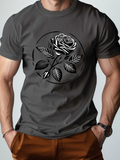 Men's T-Shirt Monochrome Line Art With Petals And Leaves Surrounding A Rose Flower
