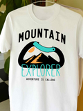 Men's T-Shirt Mountain Explorer Adventure Is Calling Blue Carabiner And Orange Peak