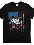 Men's T-Shirt Patriotic Watercolor Splashing Bass Over American Flag
