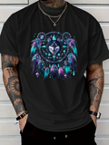 Men's T-Shirt Vivid Dreamcatcher With Colorful Feathers Encircling Spiritual Wolf Head
