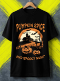 Men's T-Shirt Pumpkin Spice Night With Bats Shadows Haunted House Jack O Lantern Pumpkin