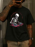 Men's T-Shirt Colorful Neon Lights Surrounding Dancing DJ Skeleton