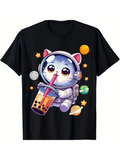 Men's T-Shirt Floating Planets With Cute Astronaut Cat Drinking Colorful Bubble Tea