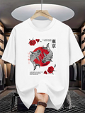 Men's T-Shirt Two Koi Fishes Swimming Among Red Blossoms Under Full Moon