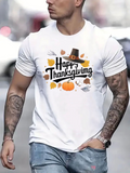Men's T-Shirt Happy Thanksgiving Pumpkin Leaves And Pilgrim Hat Surrounded By Autumn Symbols