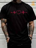 Men's T-Shirt Minimal Red Heartbeat Pulse Line With Heart Motif Centered Graphic