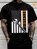 Men's T-Shirt Mechanic With American Flag Stars And Bold Metallic Wrench