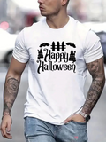 Men's T-Shirt Happy Halloween Haunted Castles With Flying Bats And Spooky Fence