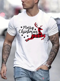 Men's T-Shirt Merry Christmas With Red Plaid Patterned Festive Jumping Reindeer