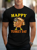 Men's T-Shirt Happy Turkey Day With Cartoon Hat Wearing Pilgrim Turkey