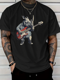 Men's T-Shirt Rhino In Denim Playing Electric Guitar Among Urban Street Vibes