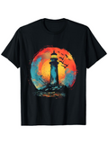 Men's T-Shirt Sunset Sky With Birds Flying Over Ocean Lighthouse