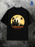 Men's T-Shirt Tombstone Arizona Spooky Castle Under Full Moon With Witch And Bats
