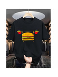 Men's T-Shirt Funny Smiling Face Burger With French Fries Surrounded By Cartoon Fast Food Hamburger