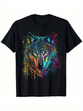 Men's T-Shirt Vivid Multicolored Paint Splash Among Dark Artistic Wolf
