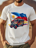 Men's T-Shirt Sunshine Road Adventure With Jeepney And Waving Philippines Flags Vehicle