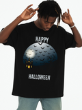 Men's T-Shirt Happy Halloween Haunted Night Scene With Bats Full Moon Spooky House