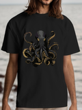 Men's T-Shirt Intricate Golden Patterns Underwater With Flowing Black Tentacles Octopus