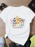 Women's T-Shirt Daycare Teacher Playful Cartoon Animals Among Pastel Colorful Letters T Shirt