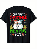 Men's T-Shirt Our First Christmas As Mr And Mrs 2025 Snowman Trees