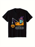 Men's T-Shirt Halloween Witch Hat On Excavator With Pumpkin Ball Design