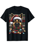 Men's T-Shirt Festive Christmas Lights With Santa Hat Wearing German Shepherd