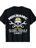 Men's T-Shirt Caution Warning Helmet With Wrenches And Skull Mechanic