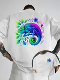 Men's T-Shirt Vivid Tropical Leaves Under Swirling Bright Watercolor Chameleon