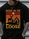 Men's T-Shirt Moose On The Loose Retro Sunset With Pine Trees And Mountain Moose