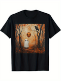 Men's T-Shirt Spooky Autumn Forest Among Ghost Shadows With Pumpkin Lantern And Perched Crow