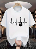 Men's T-Shirt Heartbeat Rhythm Line With Black Guitar Silhouette Design