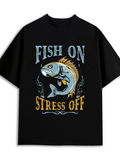 Men's T-Shirt Fish On Stress Off With Dynamic Splash Colorful Jumping Fish