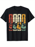 Men's T-Shirt Retro Colors With Vertical Stripes And Vintage Acoustic Guitars