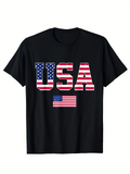 Men's T-Shirt USA Bold Letters With American Flag Motif Centered On Black T Shirt
