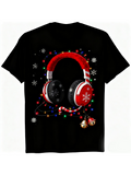 Men's T-Shirt Festive Christmas Lights And Bells Surrounding Cozy Red Headphones