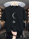 Men's T-Shirt Silver Crescent Moon With Hanging Ribbon On Black T Shirt