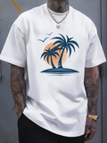 Men's T-Shirt Sunset Beach Scene With Palm Trees Birds And Distant Horizon