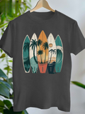 Men's T-Shirt Palm Trees Beach Sunset With Ocean Waves And Surfboards