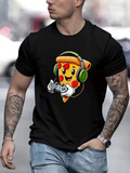 Men's T-Shirt Cheerful Slice Of Pizza With Headphones Playing Video Game