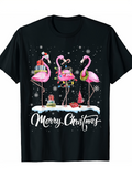 Men's T-Shirt Merry Christmas With Pink Flamingos Wearing Santa Hats On Snowy Night