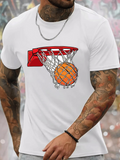 Men's T-Shirt Vivid Orange Basketball Swishing Through Red Net Hoop