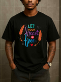 Men's T-Shirt Let Your Heart Be Free Colorful Feathers With Flowing Script Surrounding Heart